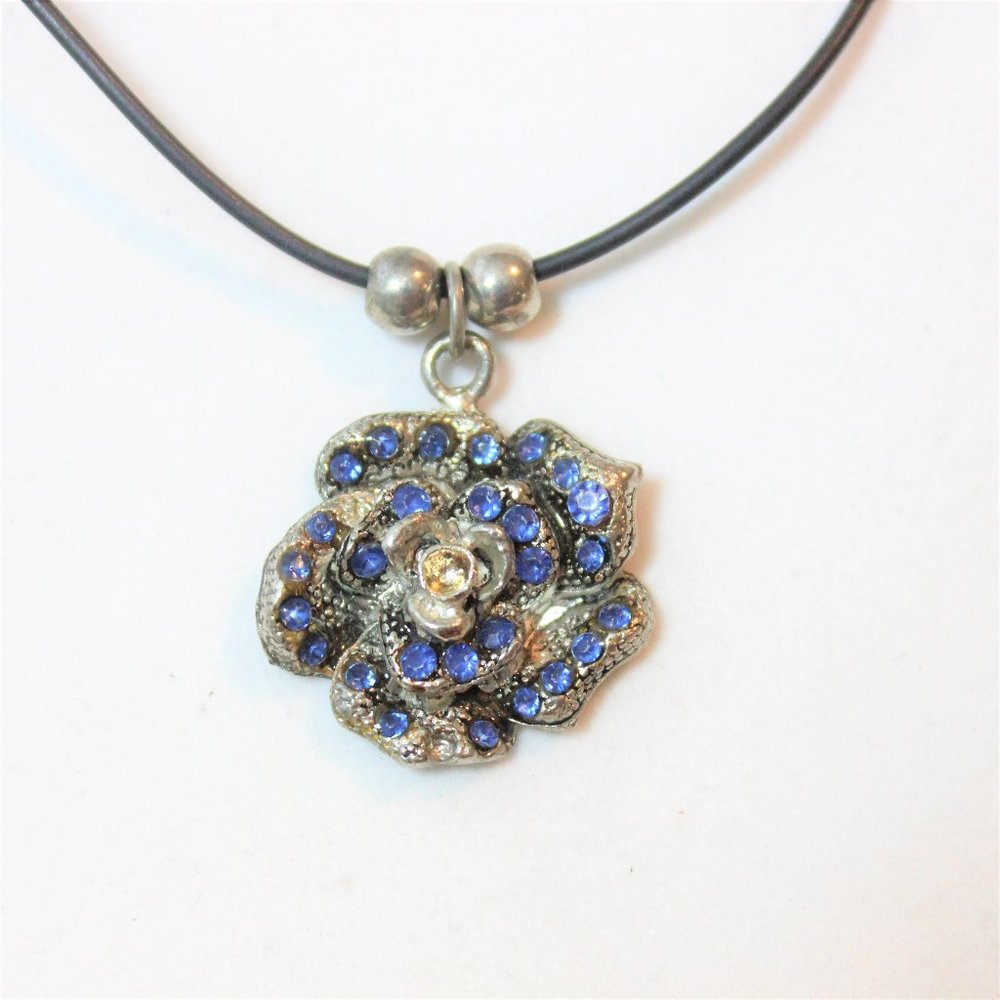 Grunge Black Cord Blue Rhinestone Dark Emo Flower Necklace